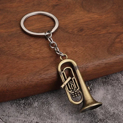 Antique brass-colored tuba-shaped metal keychain with silver ring retro musical instrument for small gift men and women keyrings mini