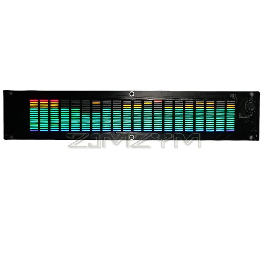 Black rectangular led soundbar with colorful music spectrum dynamic bars featuring mode dsp equalizer dc7-24v power