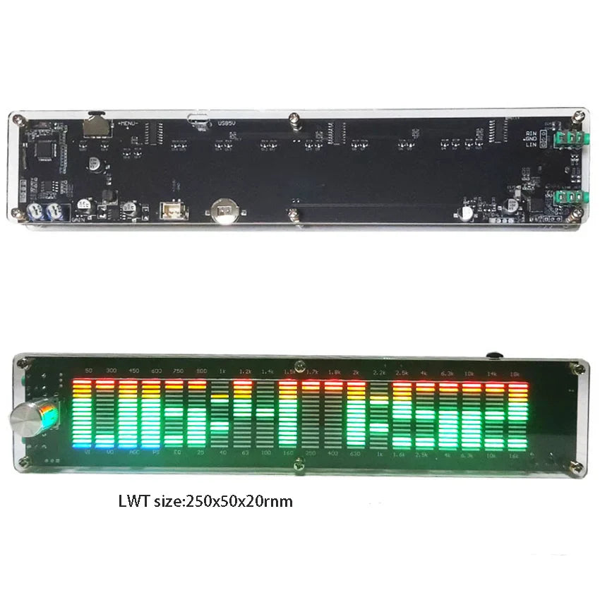 Clear acrylic housing with black circuit board and led audio visualizer displaying vibrant green and orange bars for music spectrum dynamic mode dsp equalizer dc7-24v