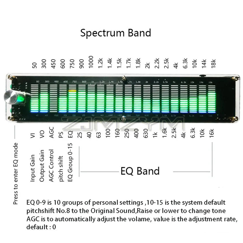 Green and blue led music spectrum dynamic level indicator with silver knob mode dsp equalizer dc7-24v power