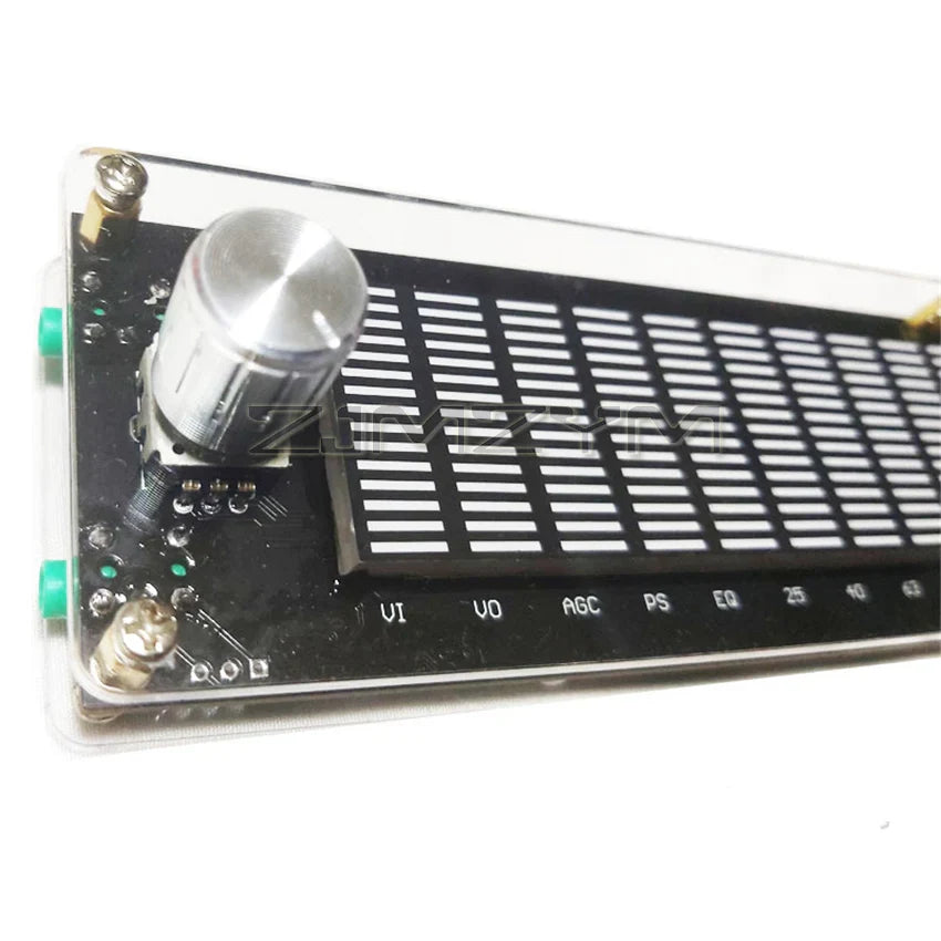Silver rotary knob on black circuit board with labeled controls for music spectrum dynamic multi mode dsp equalizer dc7-24v