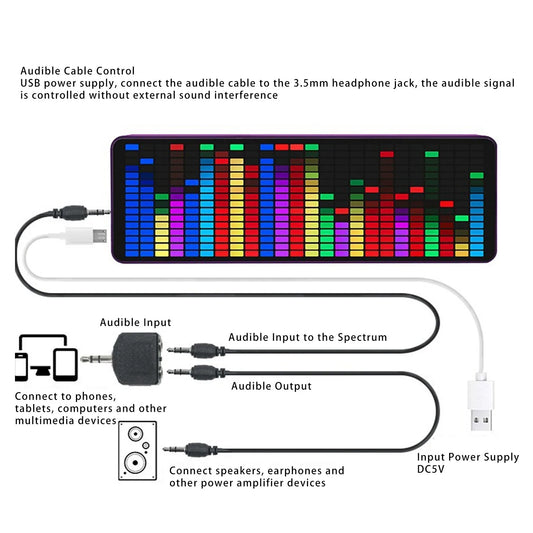 A sleek black music spectrum display with vibrant multi-colored led bars serving as a pickup sound level analyzer
