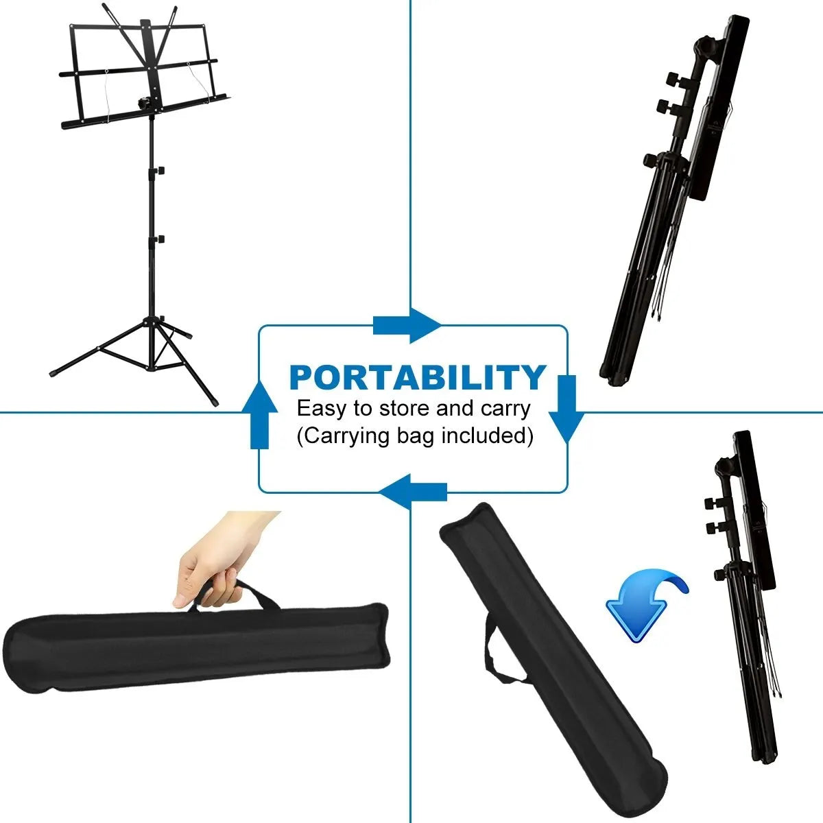 Black metal folding sheet music stand with adjustable height and tripod base folded in carrying bag for portability