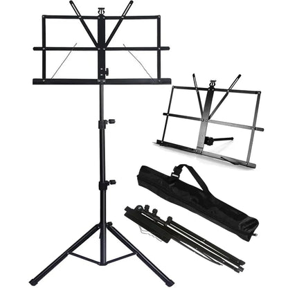 Black metal folding sheet music stand with adjustable height tripod base shown assembled folded and with carrying case