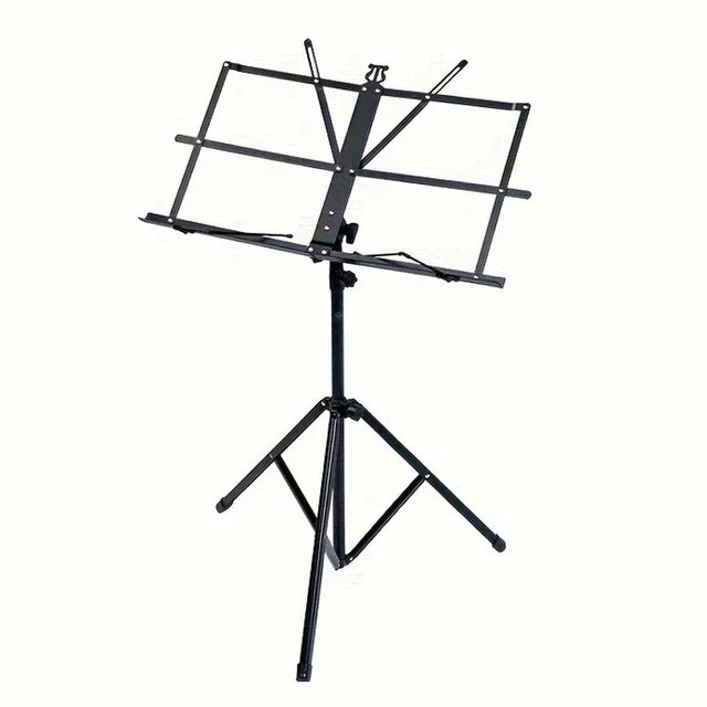 Black metal sheet music stand with adjustable height and tripod base for folding sheet music and desktop book stand use