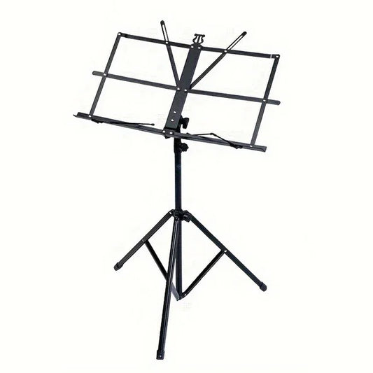 Black metal sheet music stand with adjustable height and tripod base for folding sheet music and desktop book stand use