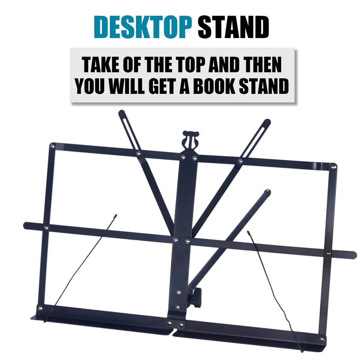 Black metal folding sheet music stand desktop with adjustable arms and central hinge for portable book stand use