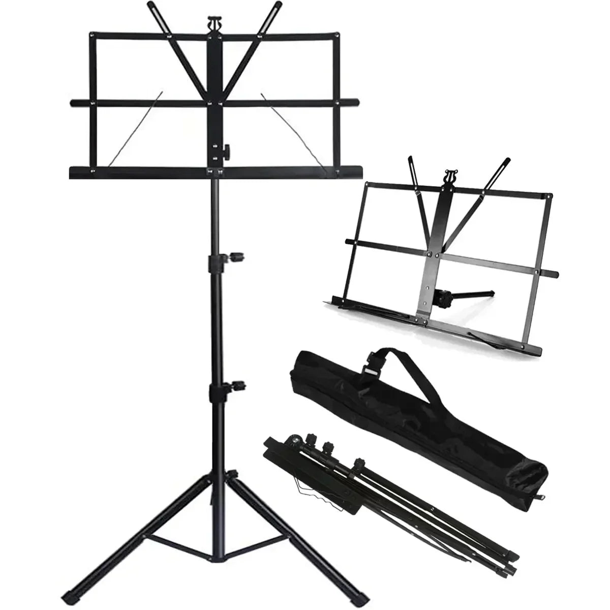 Black metal folding sheet music stand with adjustable height tripod base shown assembled folded with carrying case