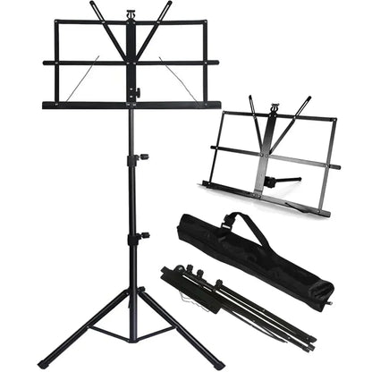 Black metal folding sheet music stand with adjustable height tripod base shown assembled folded with carrying case
