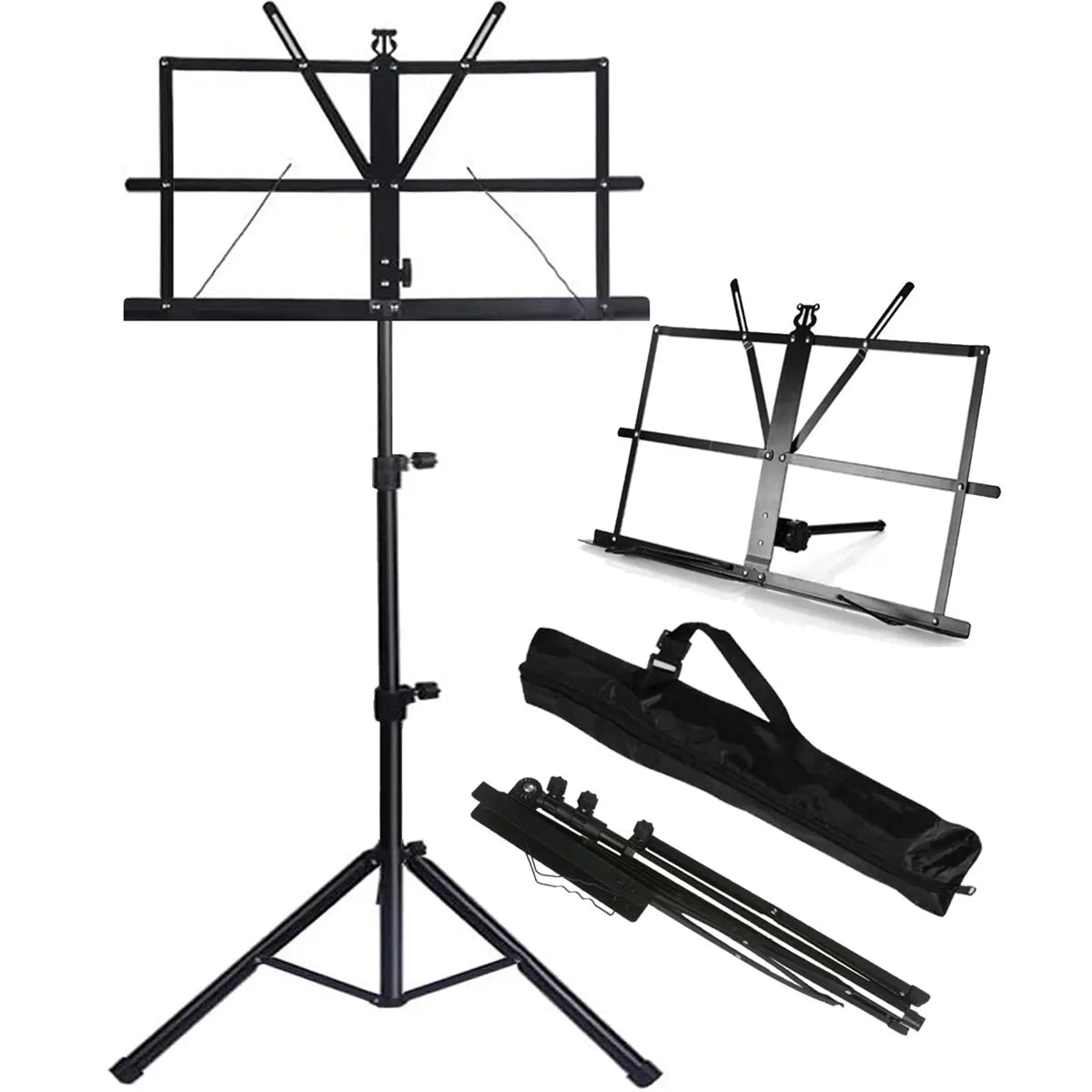 Black metal folding sheet music stand with adjustable height tripod base shown assembled folded with carrying case portable book stand desktop