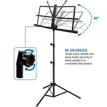 Black metal folding sheet music stand with adjustable height 90 degree swivel head portable desktop book stand