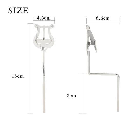 Silver metal lyre-shaped portable marching sheet music stand designed for clarinet alto saxophone and trumpet use