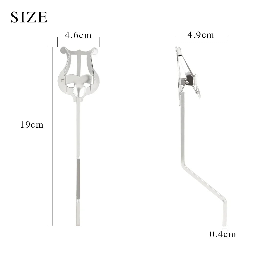 Silver lyre-shaped portable marching sheet music stand with sleek metallic finish and adjustable arm for alto saxophone and clarinet