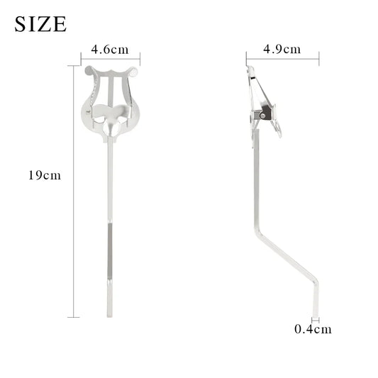 Silver lyre-shaped portable marching sheet music stand with sleek metallic finish and adjustable arm for alto saxophone and clarinet