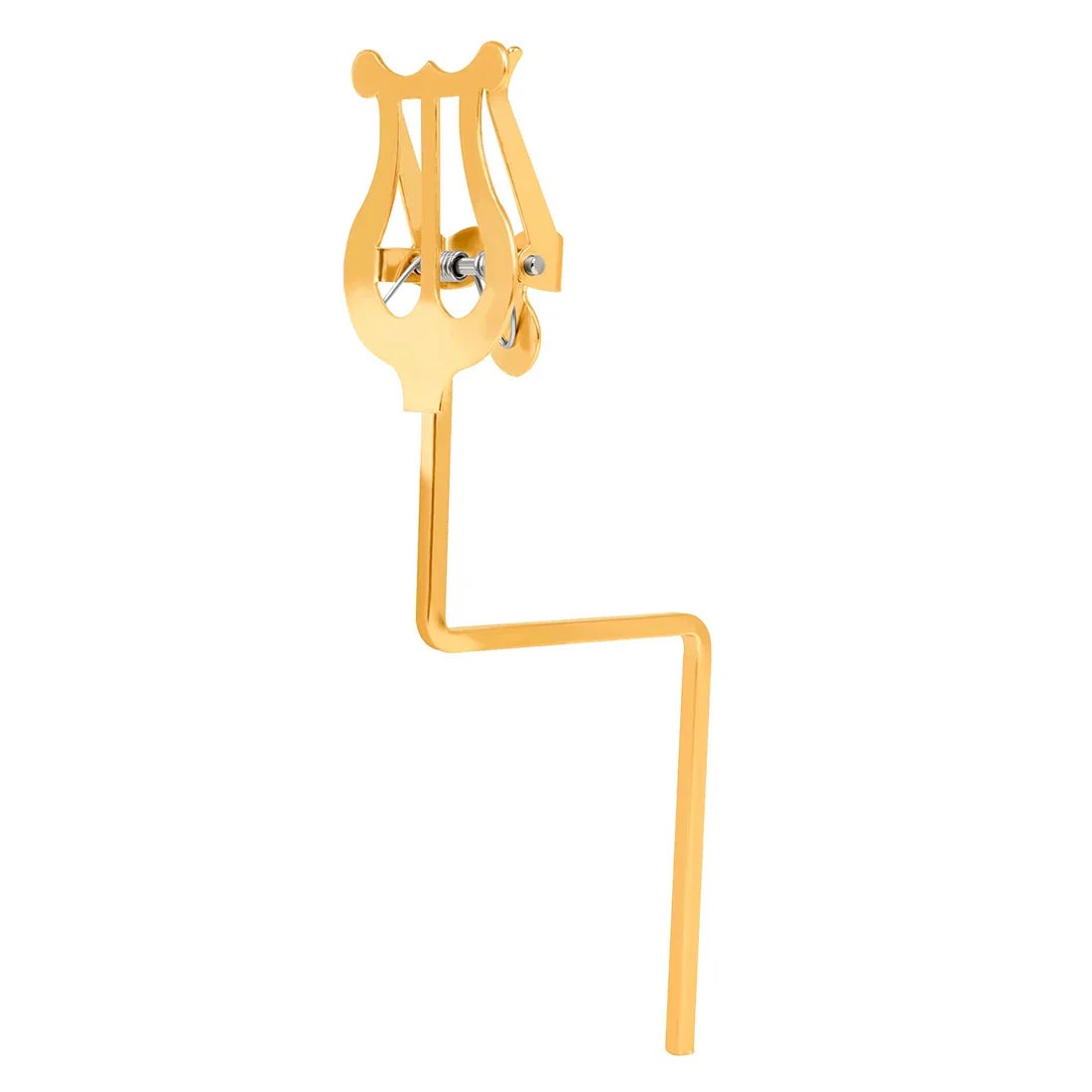 Gold-colored metal lyre-shaped portable marching sheet music stand with polished finish and adjustable clamp for alto saxophone