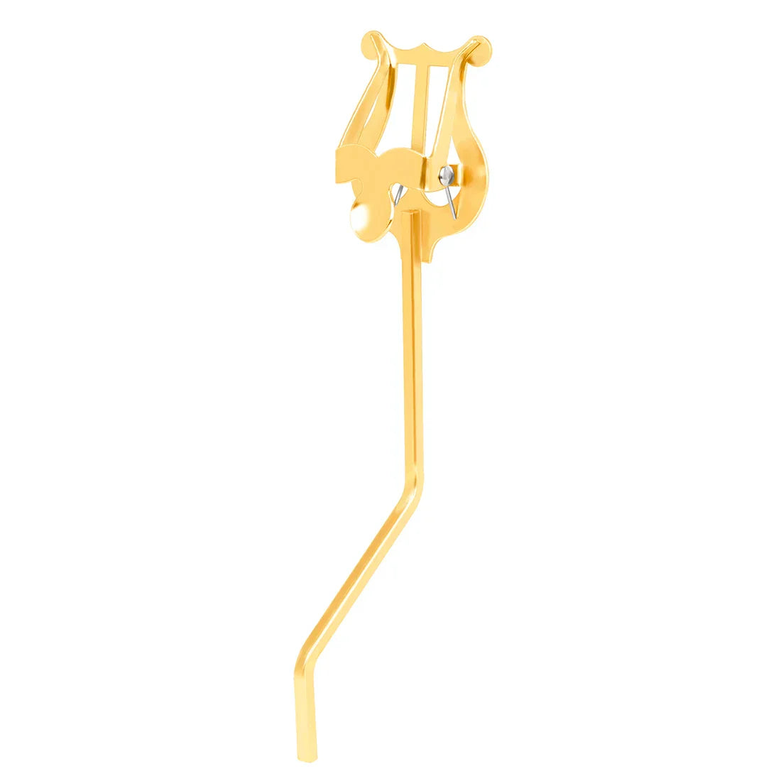 Gold-colored metal lyre-shaped portable marching sheet music stand for clarinet alto saxophone and trumpet use