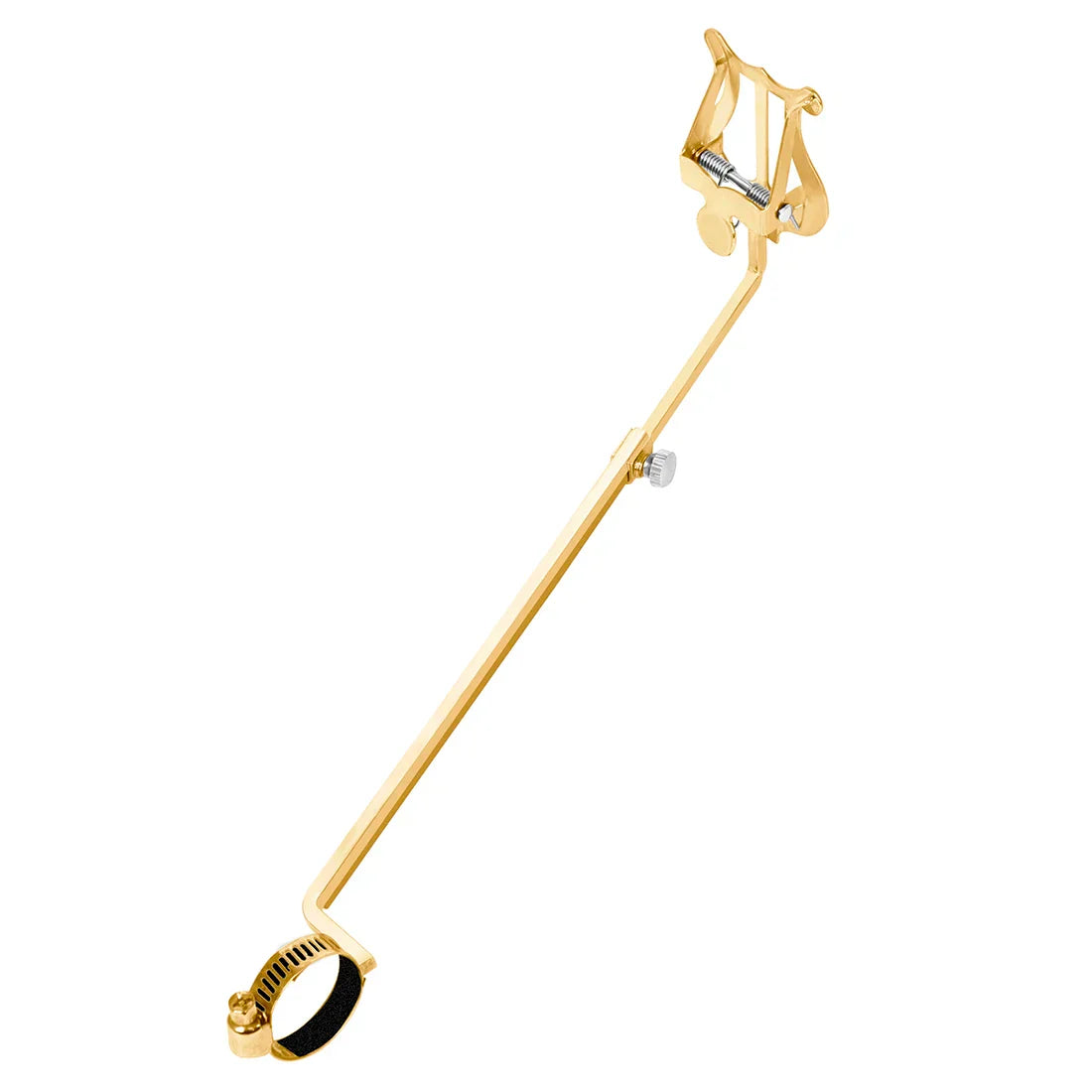 Gold-colored metal lyre-shaped portable marching sheet music stand with adjustable clamp for clarinet and alto saxophone