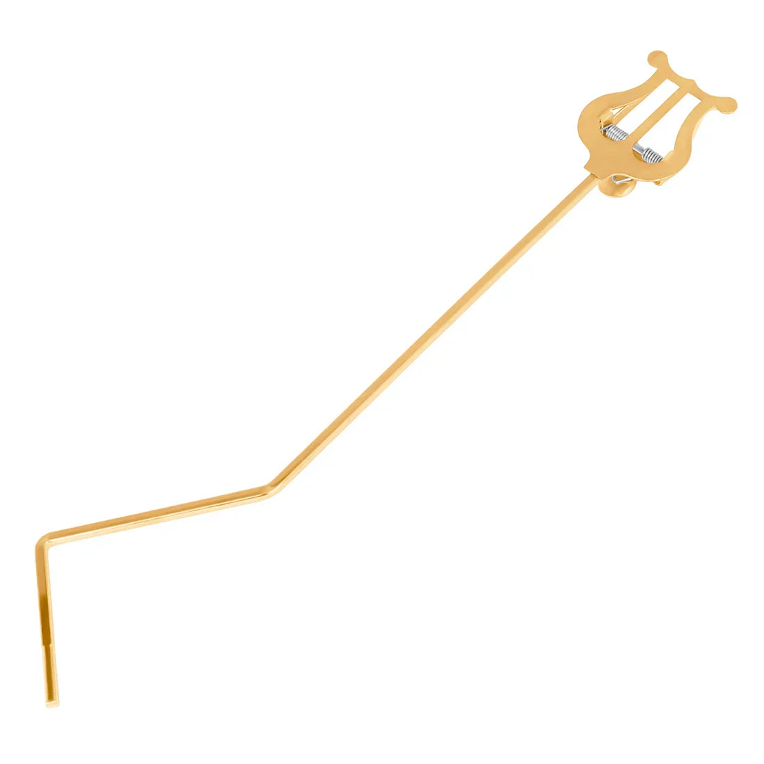 Gold-colored metal lyre-shaped instrument tuner with long angled handle for portable marching sheet music stands alto saxophone use
