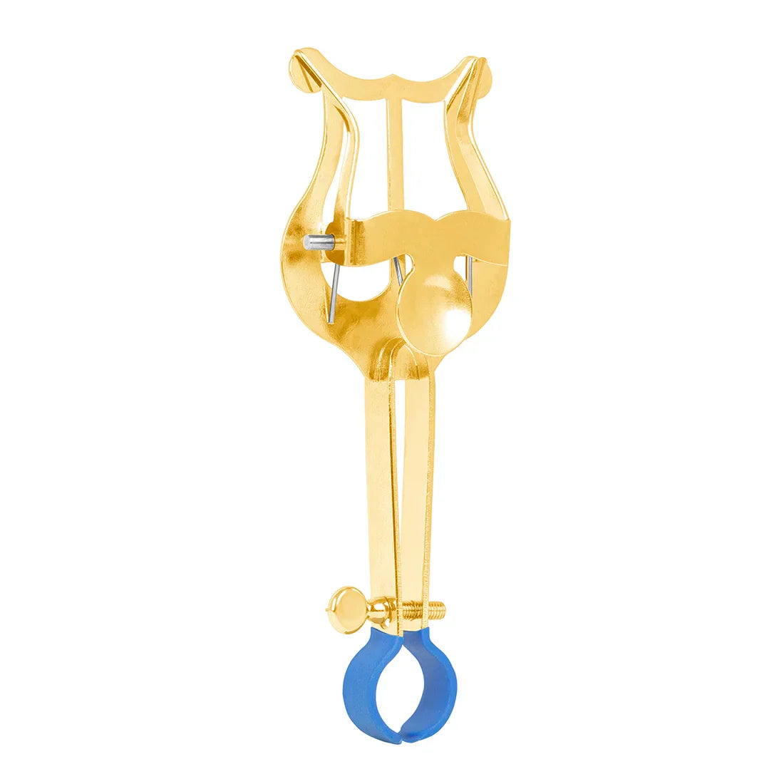 Gold-colored metal lyre-shaped portable marching sheet music stand with blue rubber grip for clarinet and alto saxophone