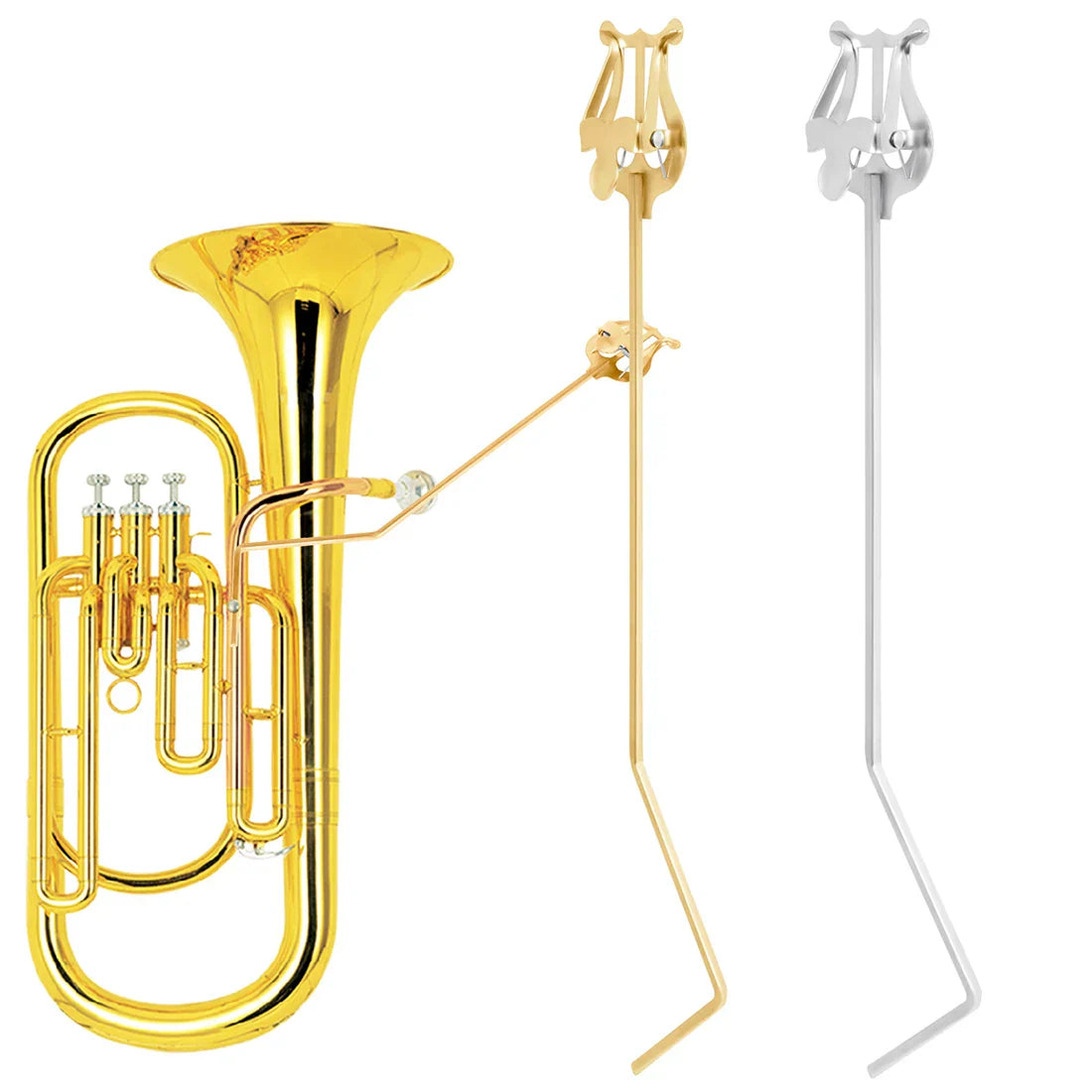 Gold-finished tuba with intricate tubing displayed with gold and silver portable marching sheet music stands for alto saxophone and clarinet