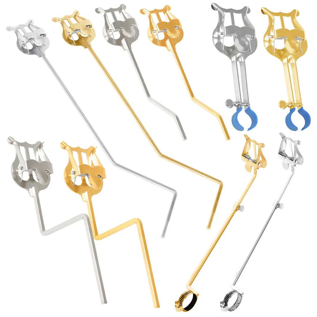 Gold and silver-colored metal lyre-shaped portable marching sheet music stands with adjustable arms for music stand clarinet and alto saxophone