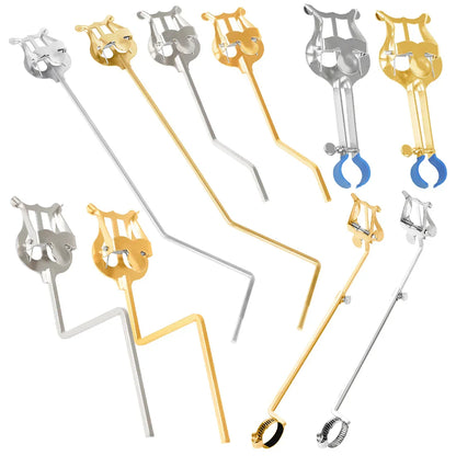 Gold and silver-colored metal lyre-shaped portable marching sheet music stands with adjustable arms for music stand clarinet and alto saxophone