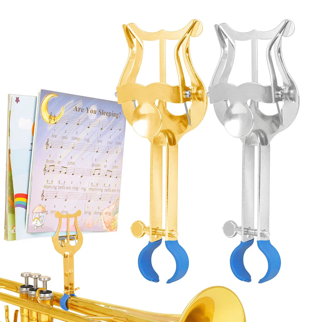 Gold and silver-colored metal music stand clarinet and alto saxophone stands with blue rubberized grips for portable marching sheet use