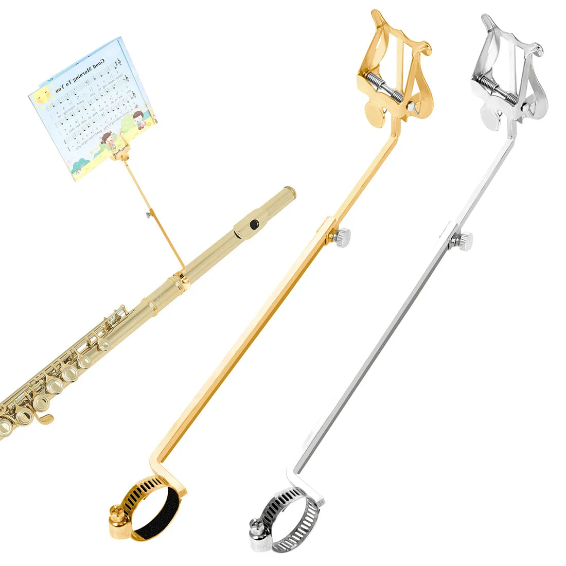 Gold and silver metal portable marching sheet music stands with lyre-shaped tops and adjustable clamps for clarinet and alto saxophone