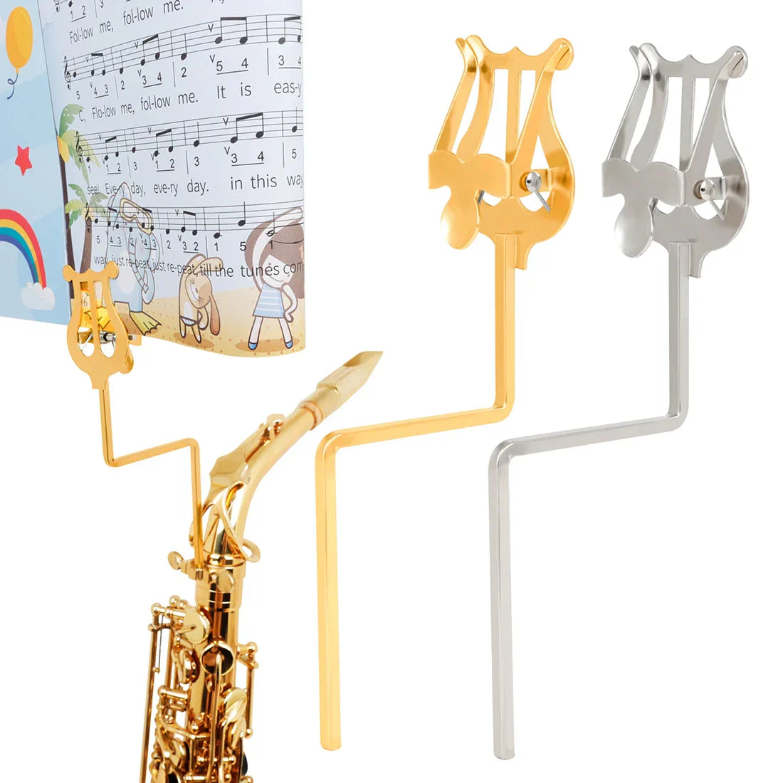 Gold and silver metallic harp-shaped music stand holders for alto saxophone and portable marching sheet music stands