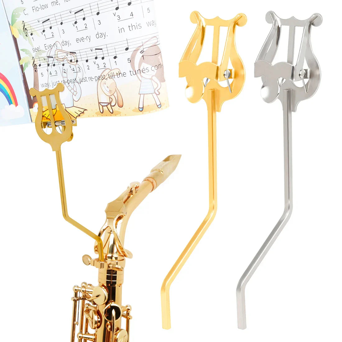 Gold and silver metallic lyre-shaped portable marching sheet music stand holders for alto saxophone and clarinet use