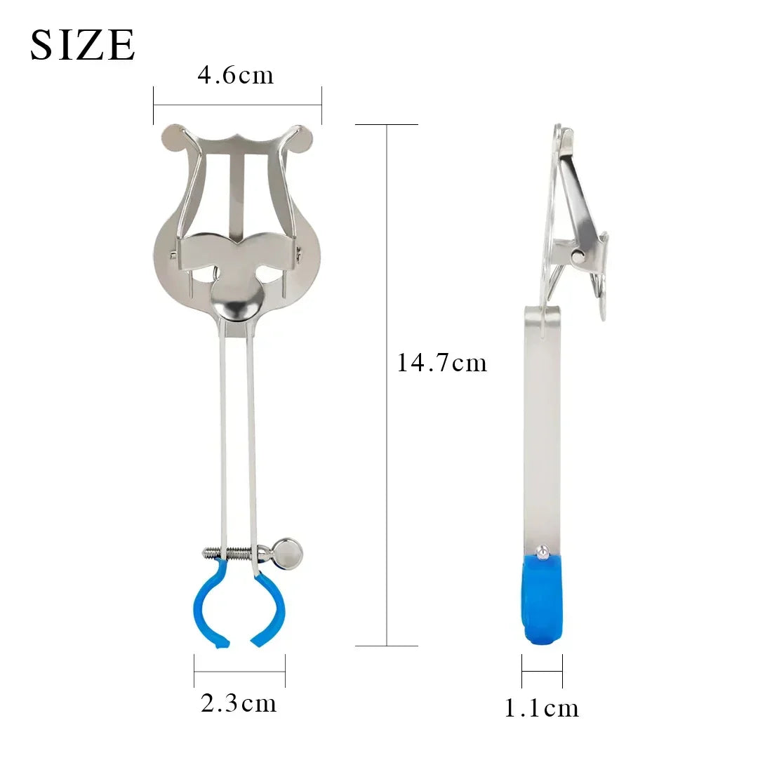 Silver lyre-shaped music stand clip with blue rubber grip handle for saxophone baritone portable practice accessory
