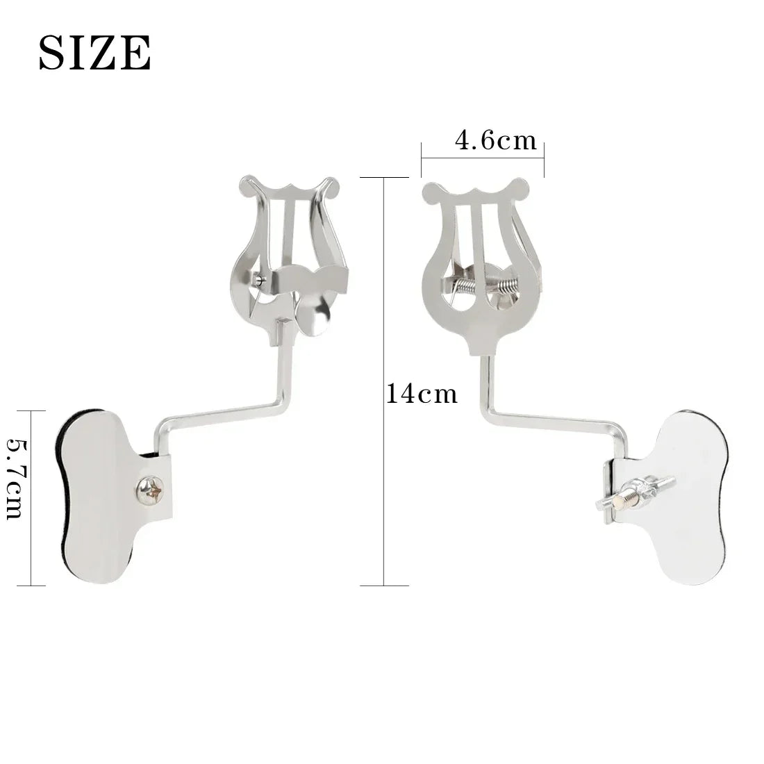 Silver-colored metal lyre-shaped music stand clip with adjustable arm and wall-mounted base for saxophone baritone portable use