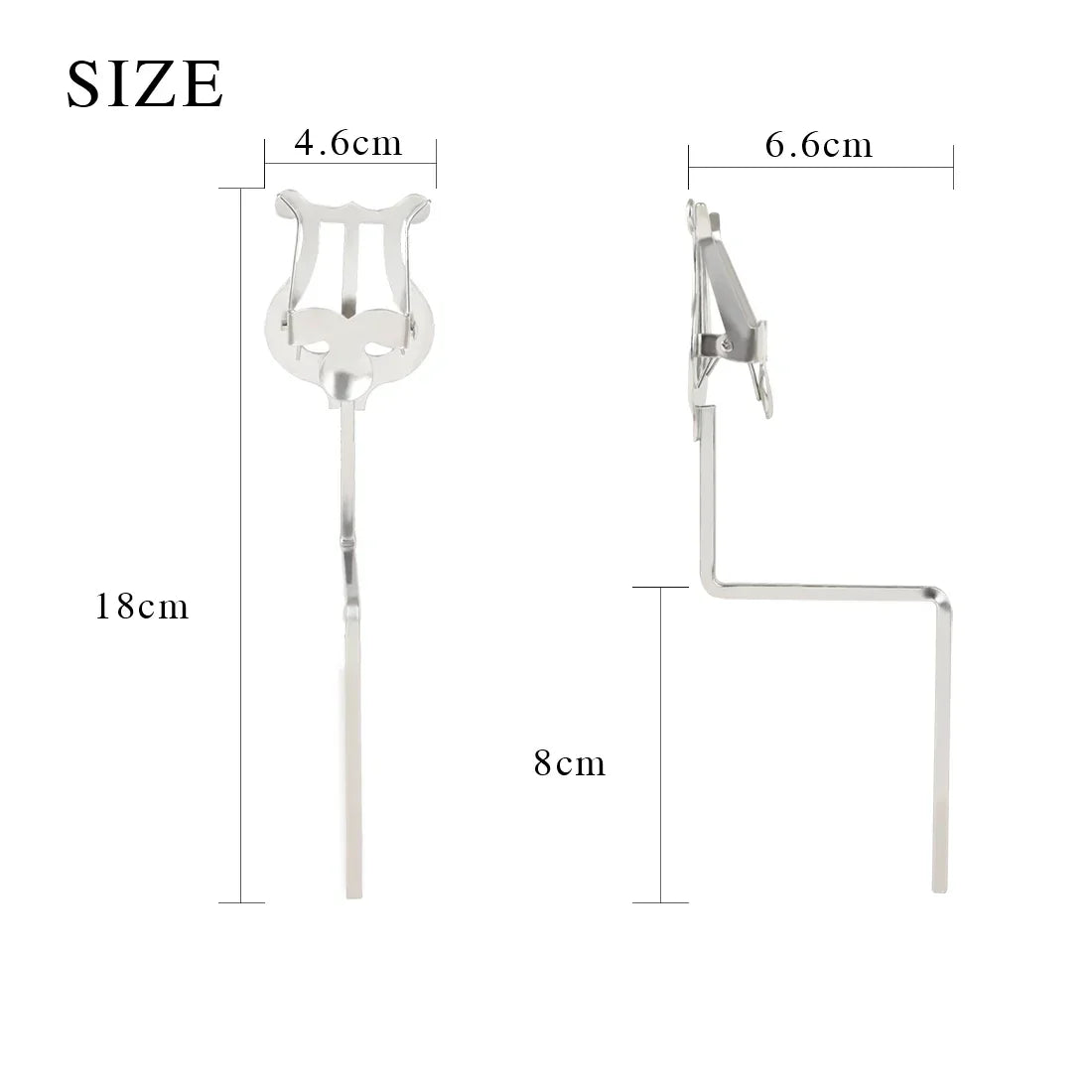 Silver-colored metal lyre-shaped music stand clarinet with sleek minimalist design for winds saxophone baritone use