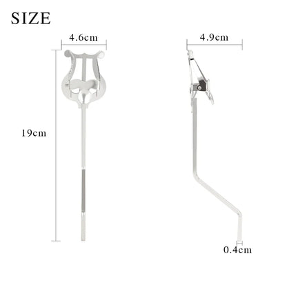 Silver lyre-shaped music stand clarinet with sleek metallic finish and adjustable arm for trumpet flute winds use