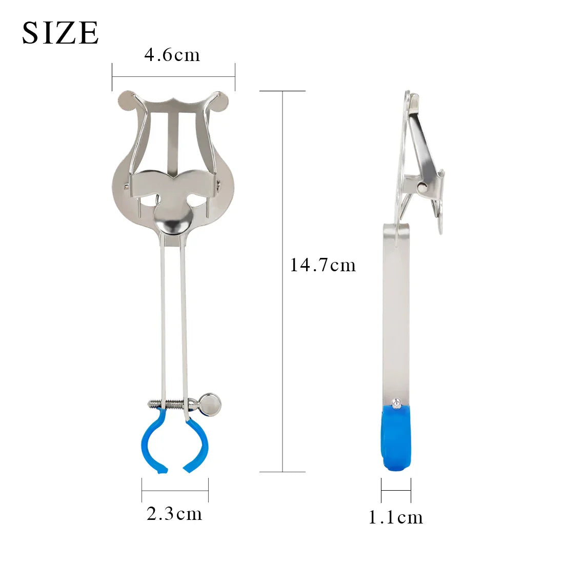 Silver lyre-shaped music stand clip with blue rubberized grip for music stand clarinet trumpet flute winds accessories