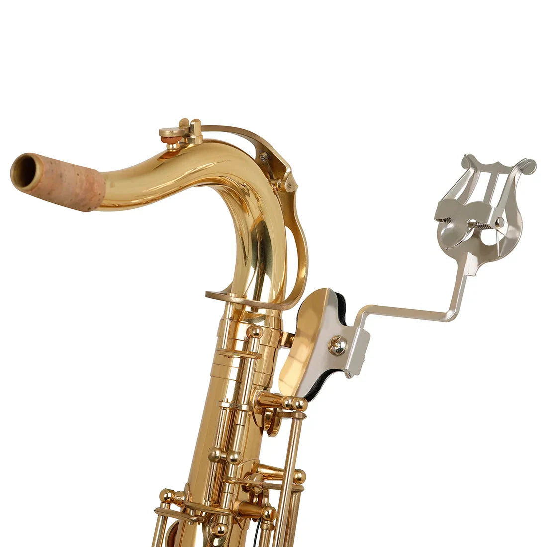 Gold-colored saxophone with cork mouthpiece and silver lyre-shaped music stand clarinet for winds saxophone baritone use