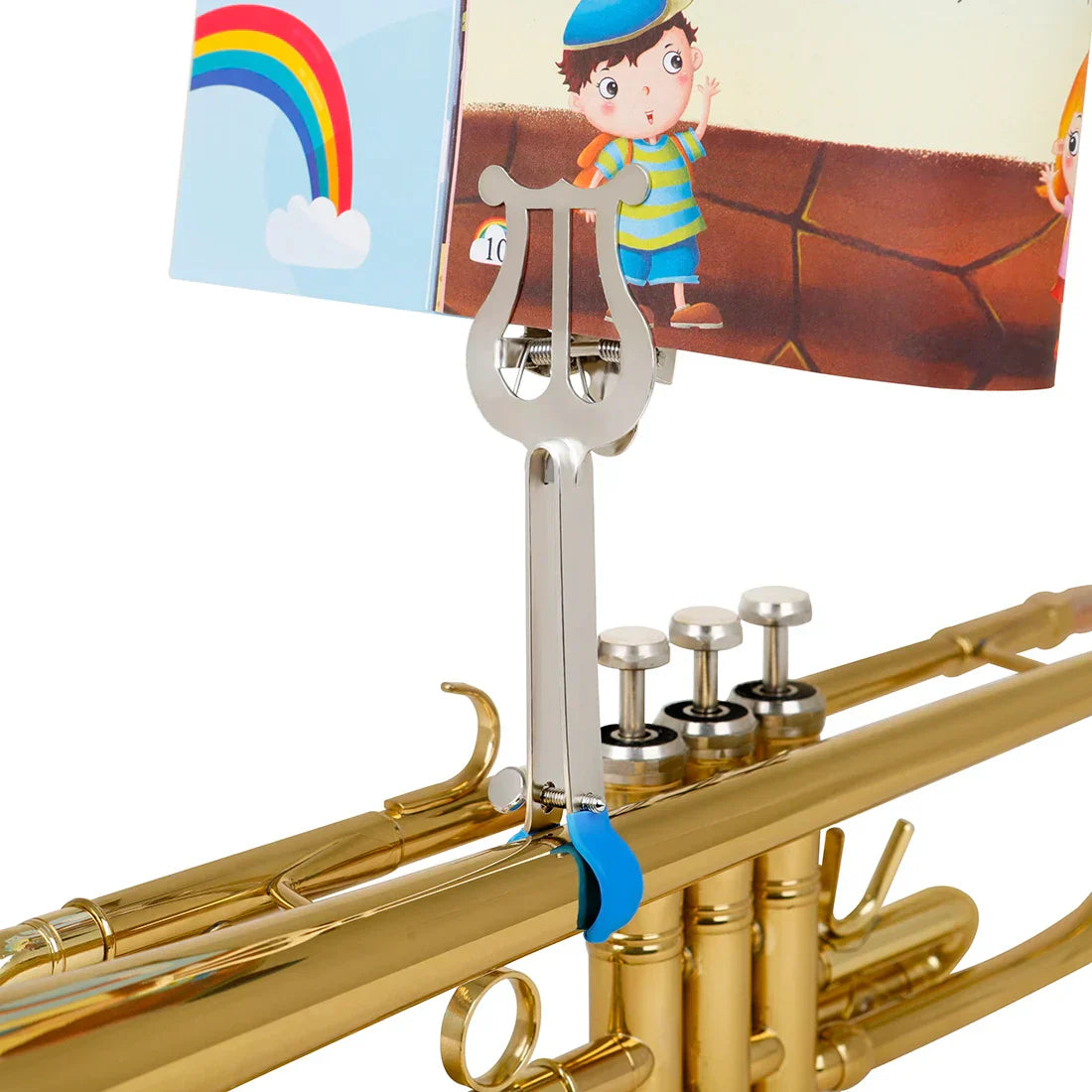 Silver harp-shaped trumpet stand with blue rubber grip for music stand clarinet and winds saxophone baritone use