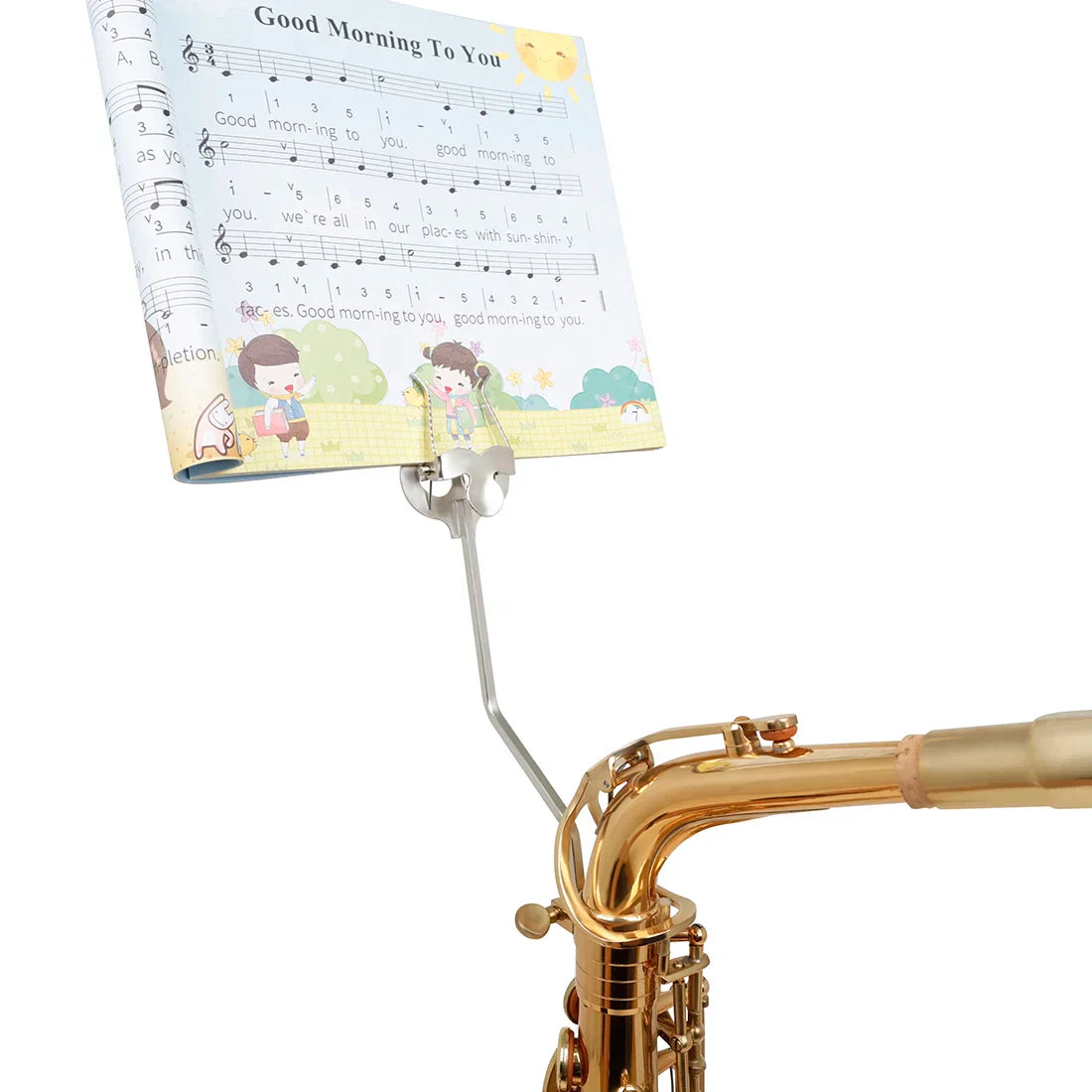 Silver metal music stand clarinet holding colorful children music sheet for trumpet flute winds and saxophone use