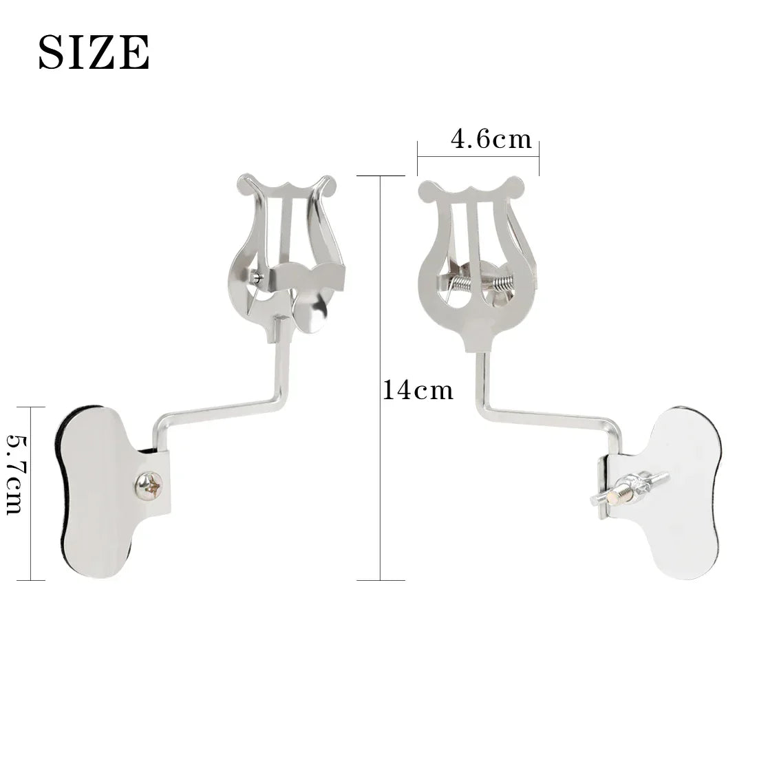 Silver metal lyre-shaped music stand clarinet clamps with adjustable arms and flat mounting plates for winds saxophone baritone