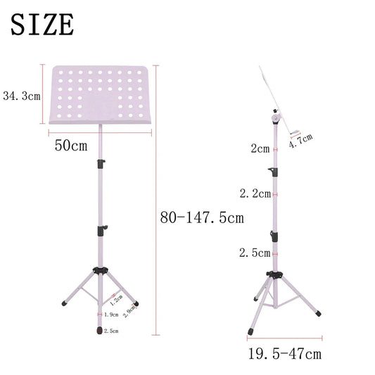 White music stand collapsible with perforated sheet music score holder tripod base aluminum alloy foldable design