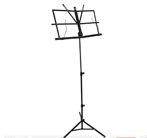 Black metal music stand with adjustable height tripod base folding sheet desktop clip holder carrying bag portable design