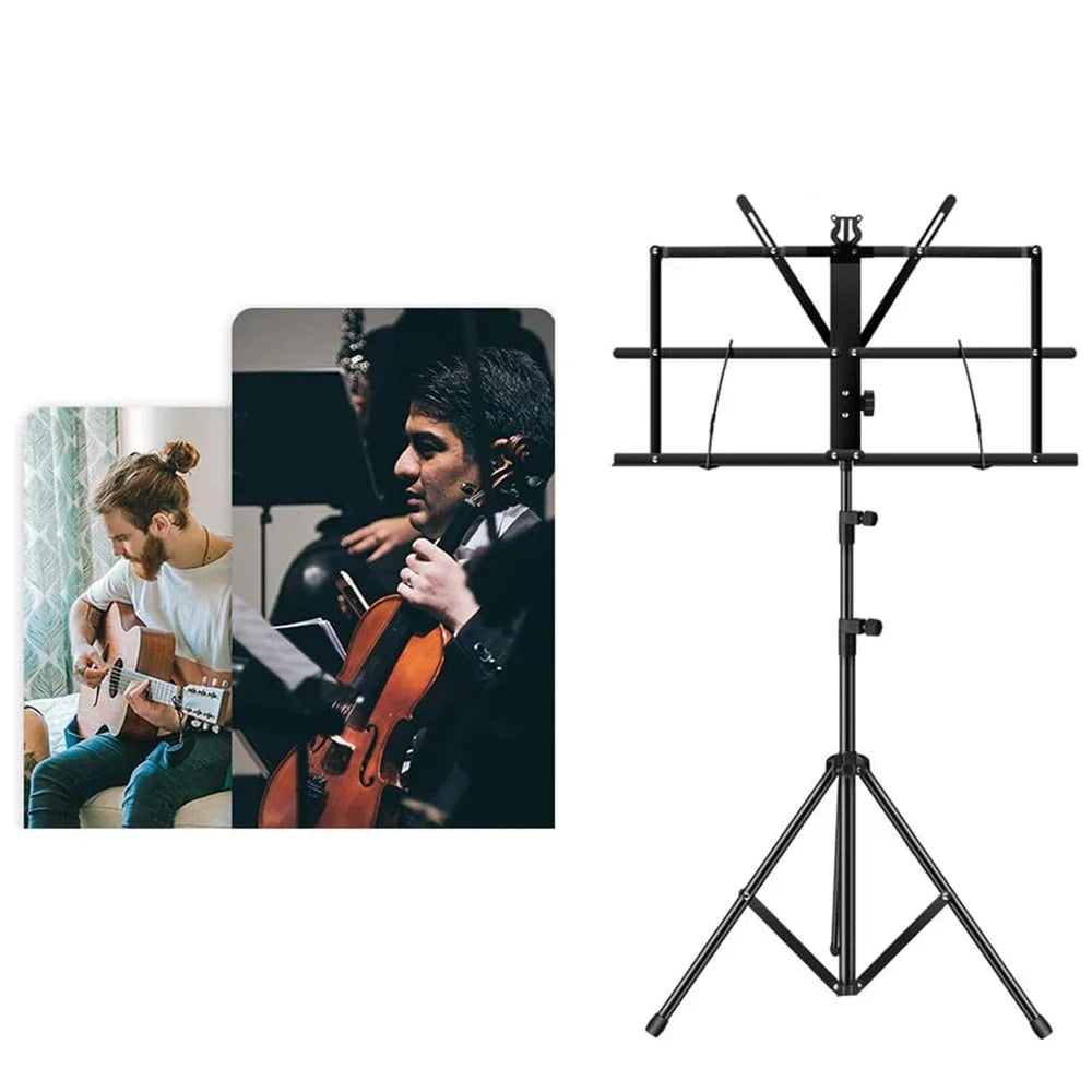 Black metal folding sheet desktop music stand with adjustable height clip holder carrying bag and tripod base