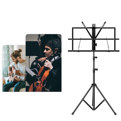Black metal folding sheet desktop music stand with adjustable height clip holder carrying bag and tripod base