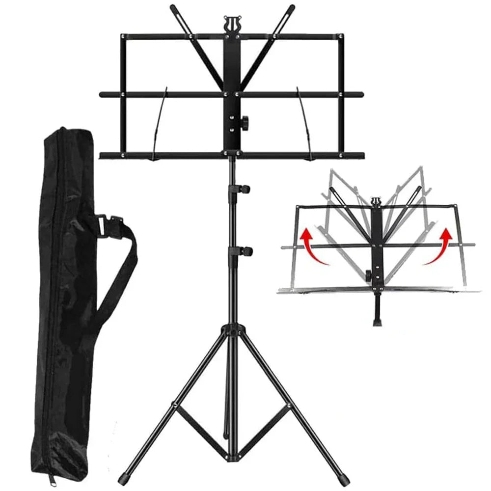Black metal music stand with adjustable height and angle tripod base folding sheet desktop with clip holder carrying bag