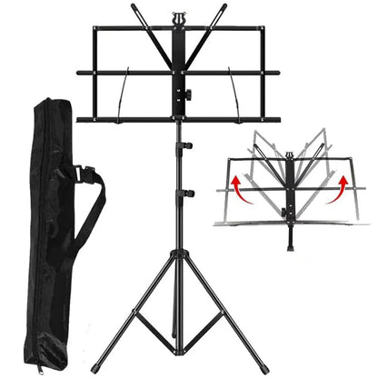 Black metal music stand with adjustable height and angle tripod base folding sheet desktop with clip holder carrying bag