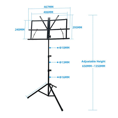 Black metal folding sheet desktop music stand with adjustable height tripod base and clip holder carrying bag portable and lightweight