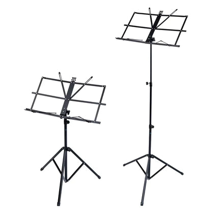 Black metal folding sheet desktop music stands with adjustable height tripod bases clip holder carrying bag included