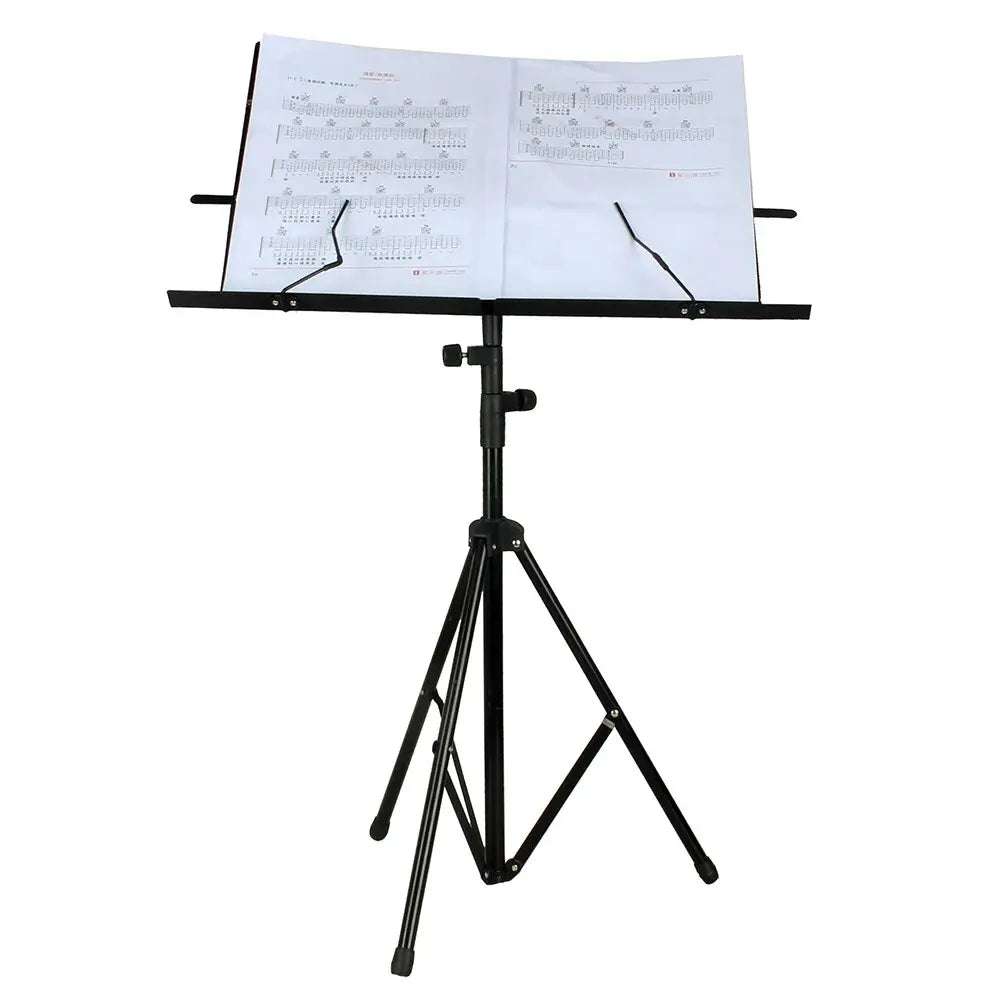 Black metal folding sheet desktop music stand with adjustable height clip holder carrying bag included