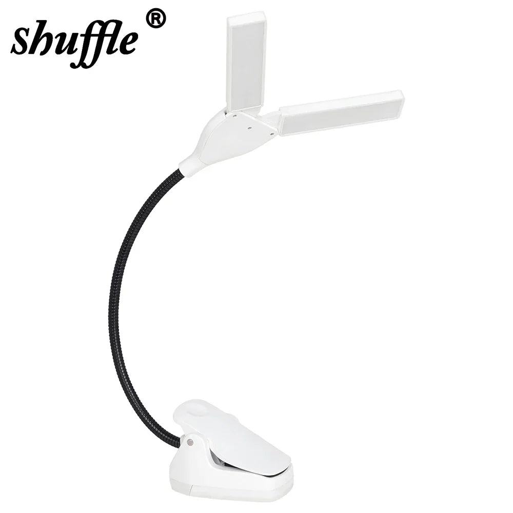 White shuffle brand clip-on music stand led light with flexible black gooseneck for eye protection reading book light