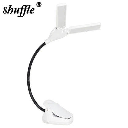 White shuffle brand clip-on music stand led light with flexible black gooseneck for eye protection reading book light